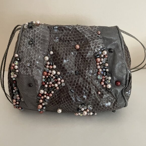 Grace Ann Agostino Embellished Evening Shoulder Bag Gray Leather Patchwork Beads - Picture 7 of 16